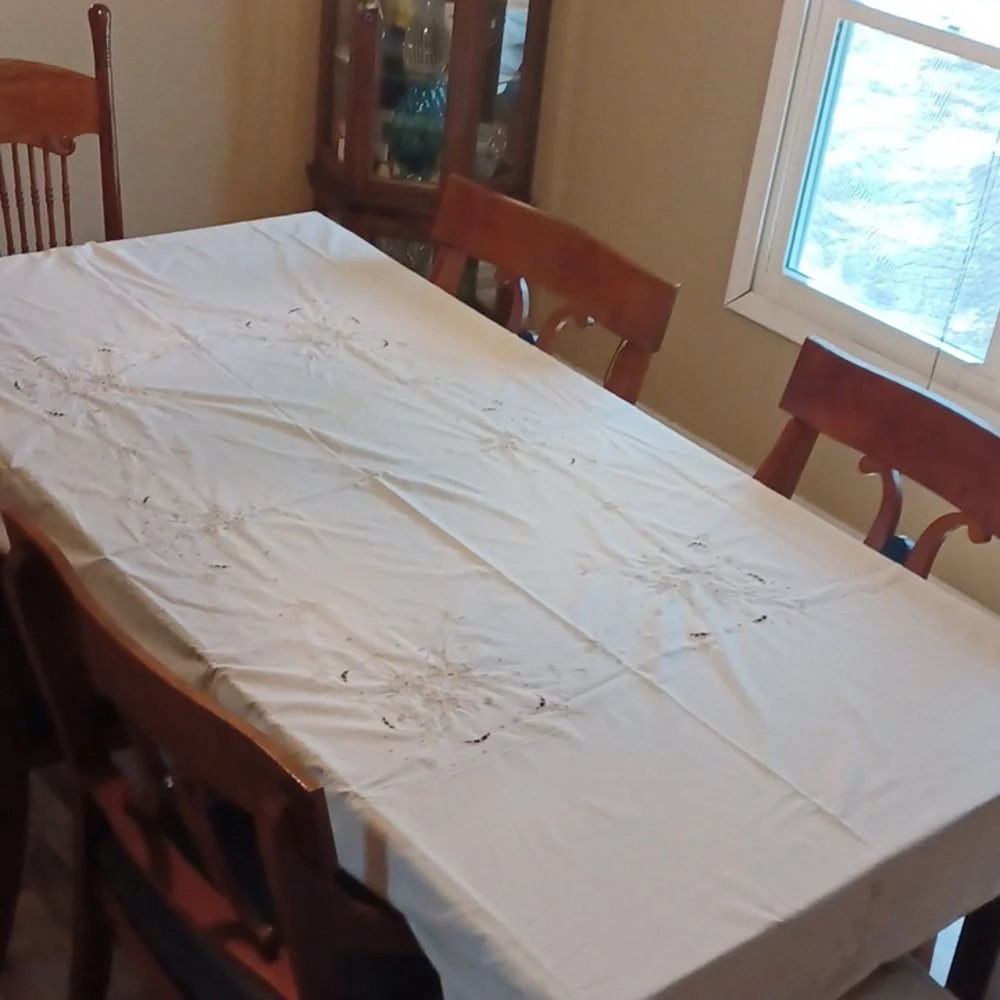 vintage cream embroidered tablecloth rectangular floral cutwork  cottagecore